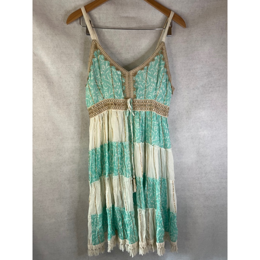 Ananta dress bohemian luxury patchwork seafoam green Sz L/XL beach cottage core
